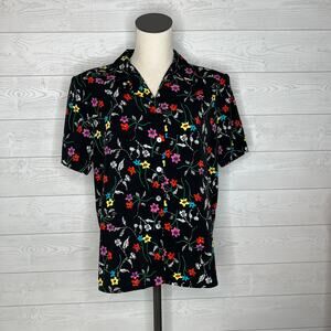 80’s vintage Impressions black floral button front blouse Size medium